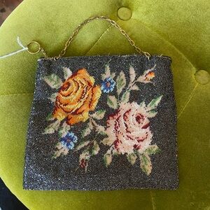 Vintage beaded flower bag. Beaded flower detail on both sides. Green silk lining